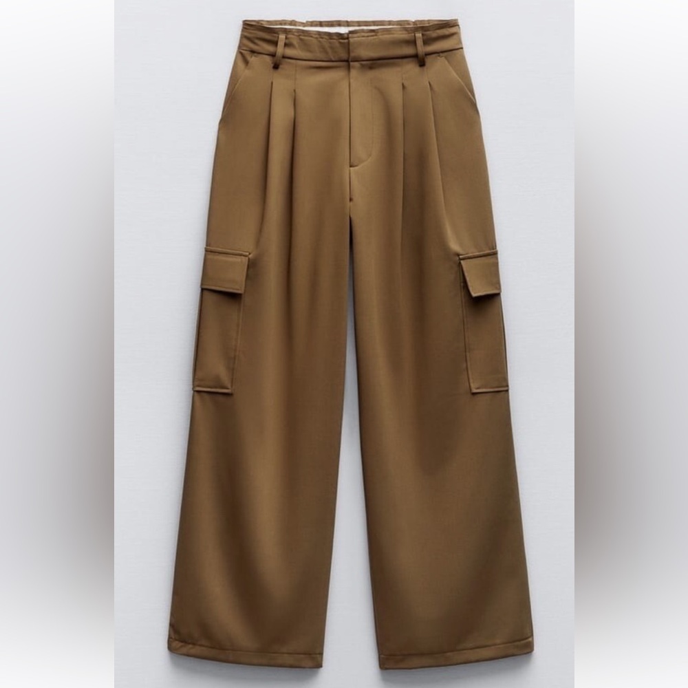 Zara Tan Cargo Pants Relaxed Fit High-Waisted